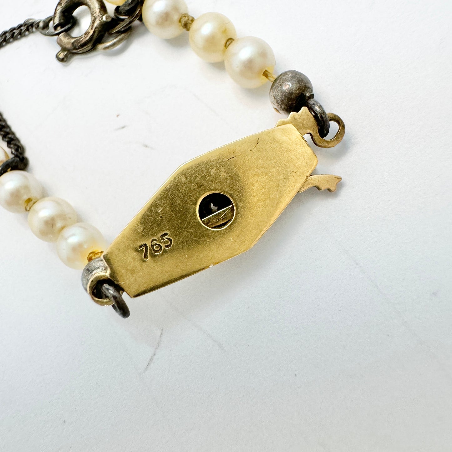 Vintage c 1930 Art Deco 18k Gold Diamond Pearl Necklace.