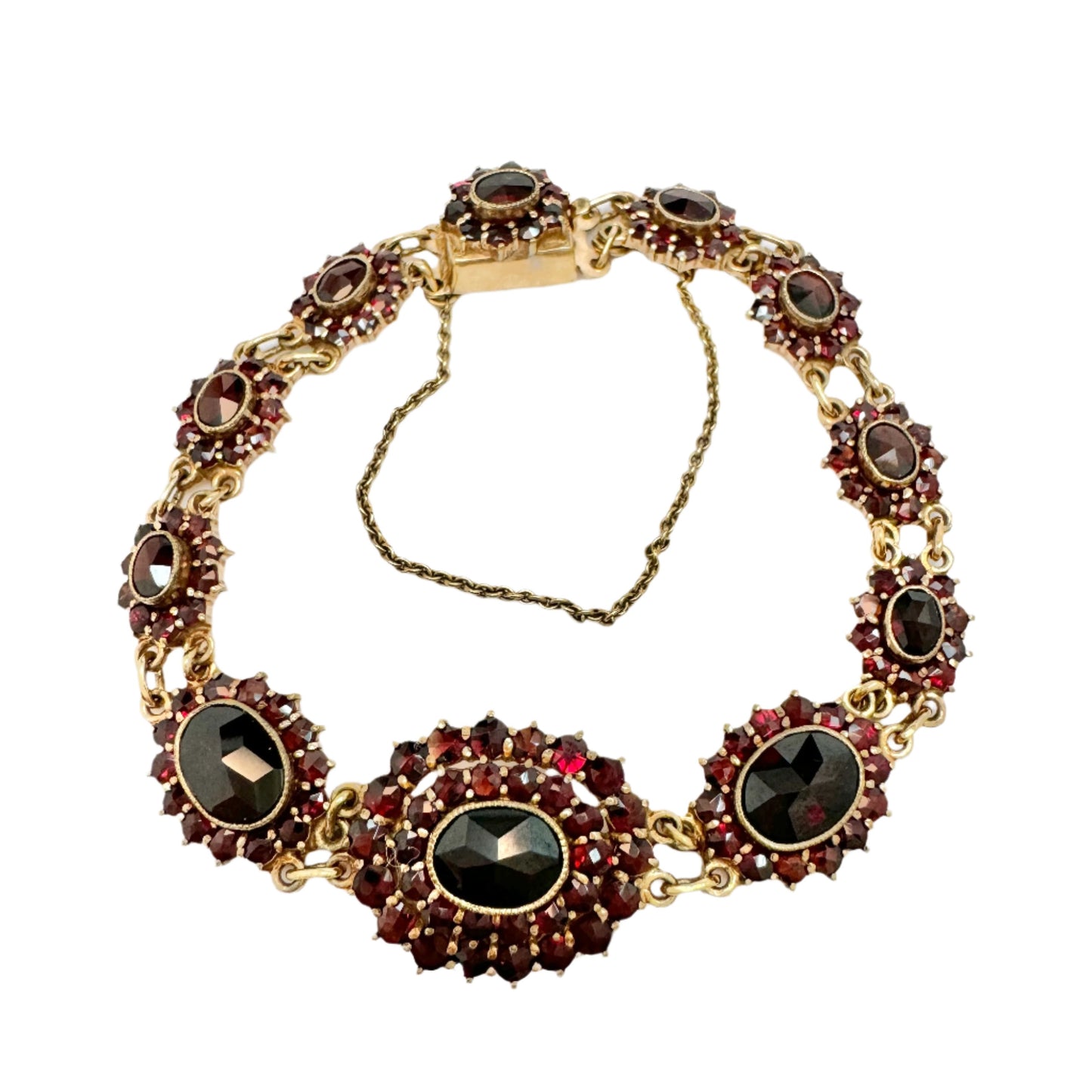 Vintage Bohemian Garnet Cluster Gilt Metal Bracelet.