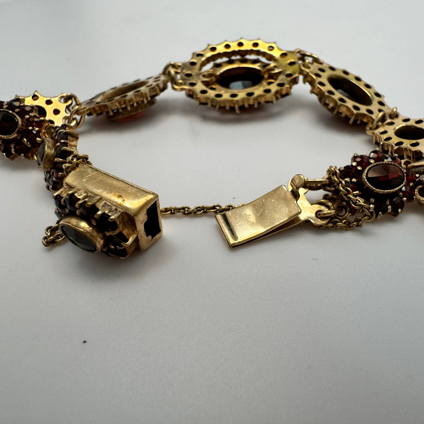 Vintage Bohemian Garnet Cluster Gilt Metal Bracelet.