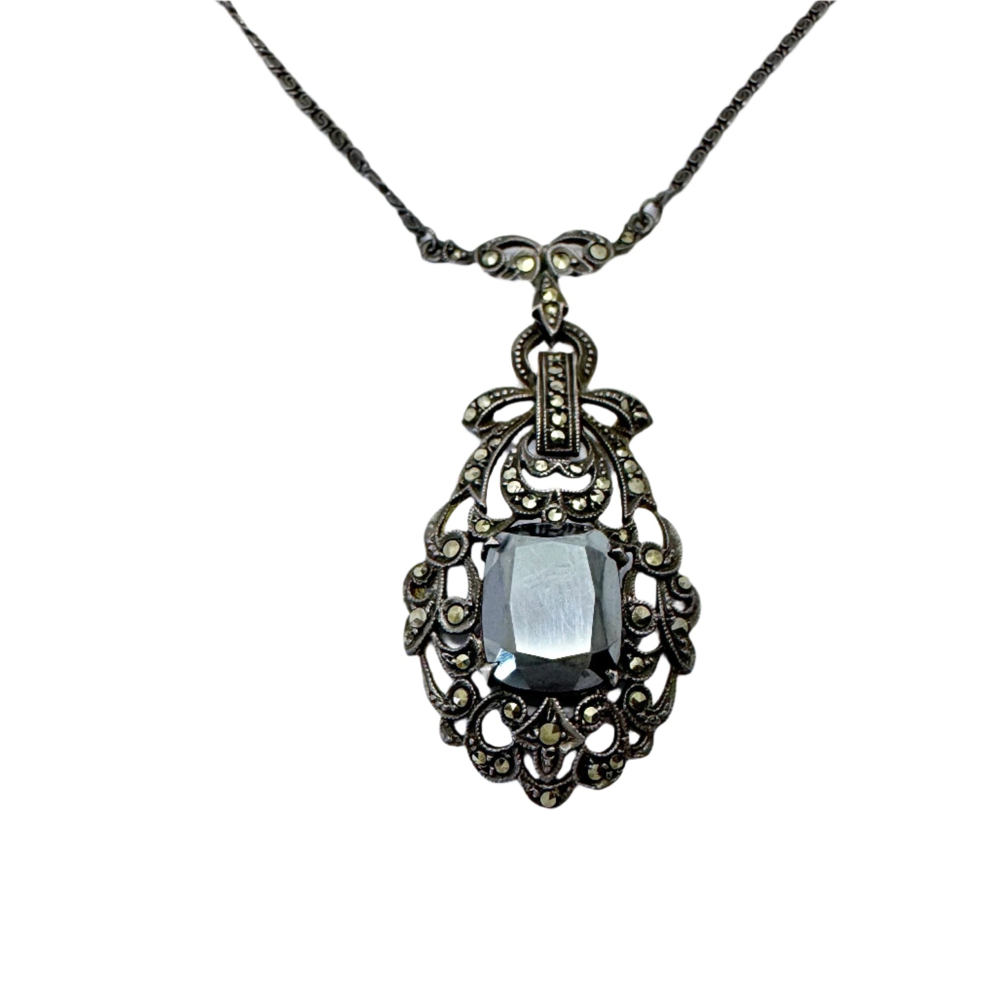 Sweden 1930-40s. Sterling 935 Silver Marcasite Onyx Pendant Necklace.