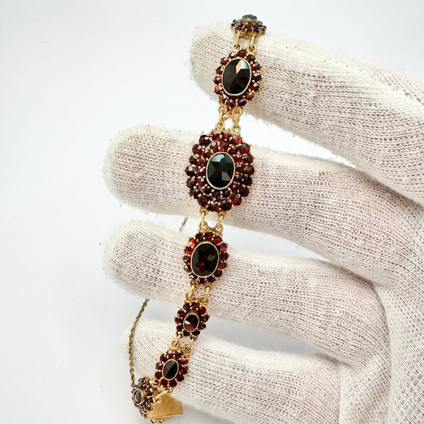 Vintage Bohemian Garnet Cluster Gilt Metal Bracelet.