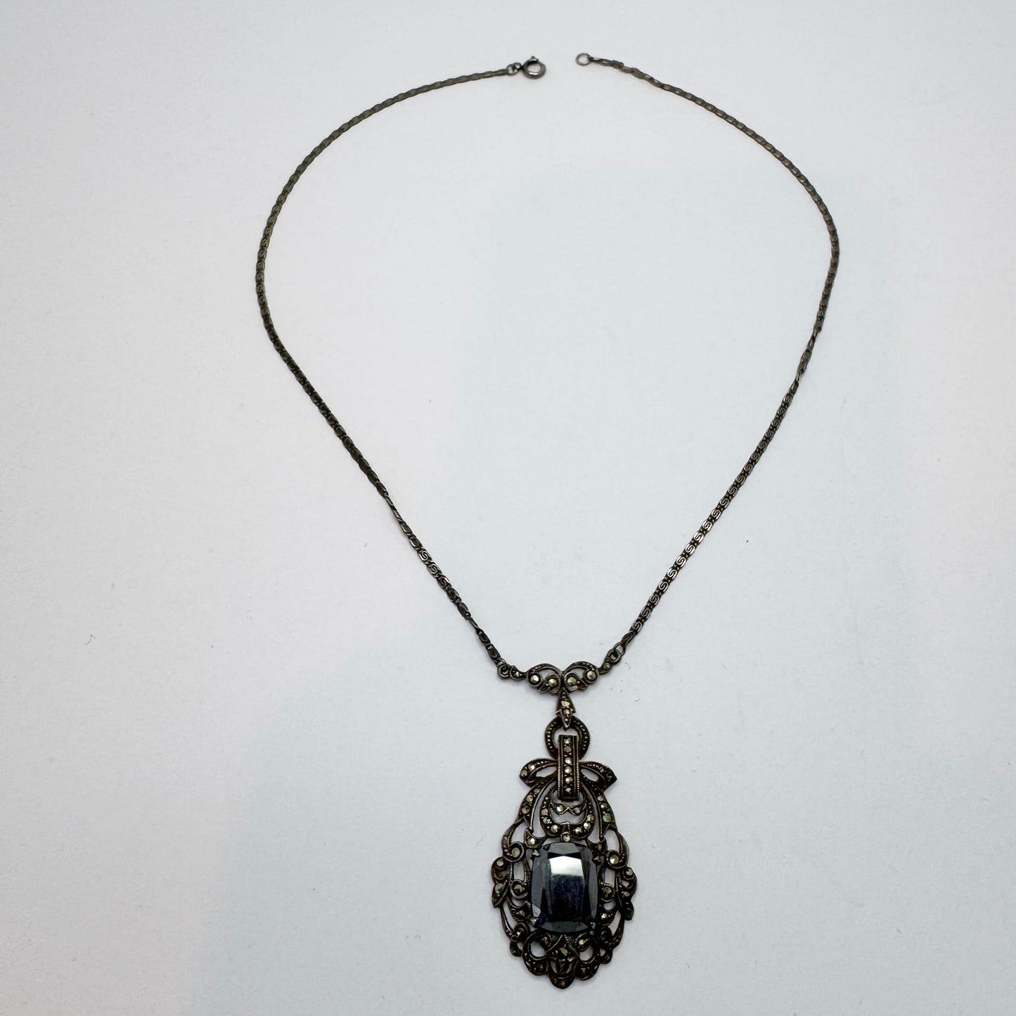 Sweden 1930-40s. Sterling 935 Silver Marcasite Onyx Pendant Necklace.