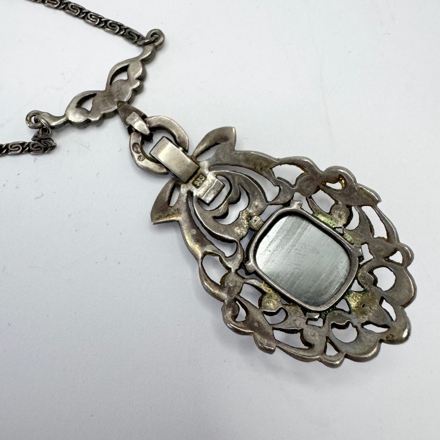 Sweden 1930-40s. Sterling 935 Silver Marcasite Onyx Pendant Necklace.