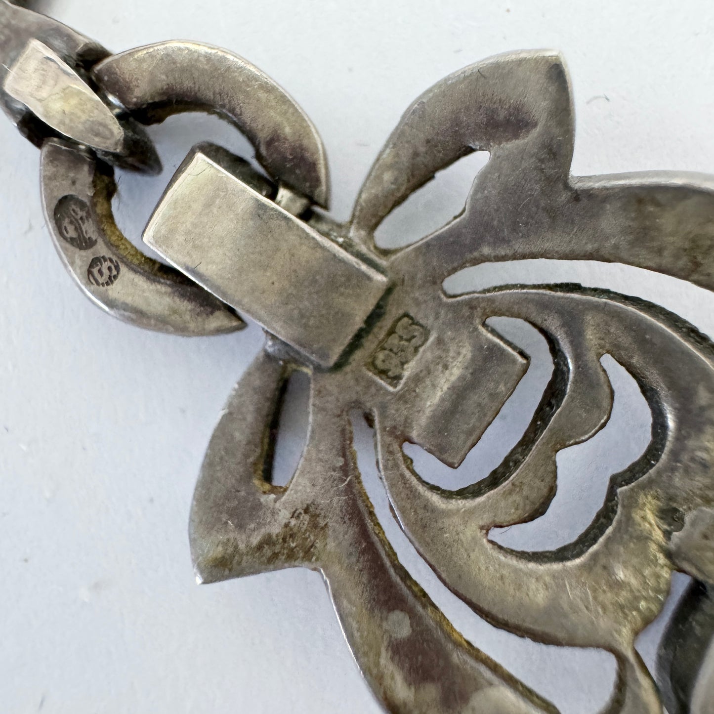 Sweden 1930-40s. Sterling 935 Silver Marcasite Onyx Pendant Necklace.