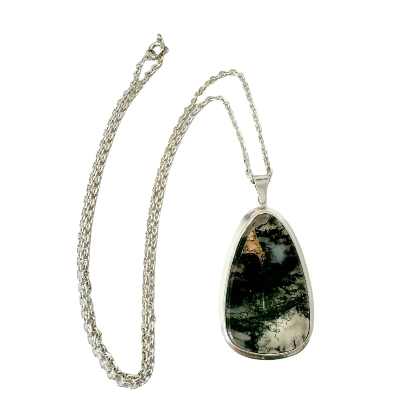 Germany c 1960s. Vintage Solid Silver Moss Agate Pendant Necklace.