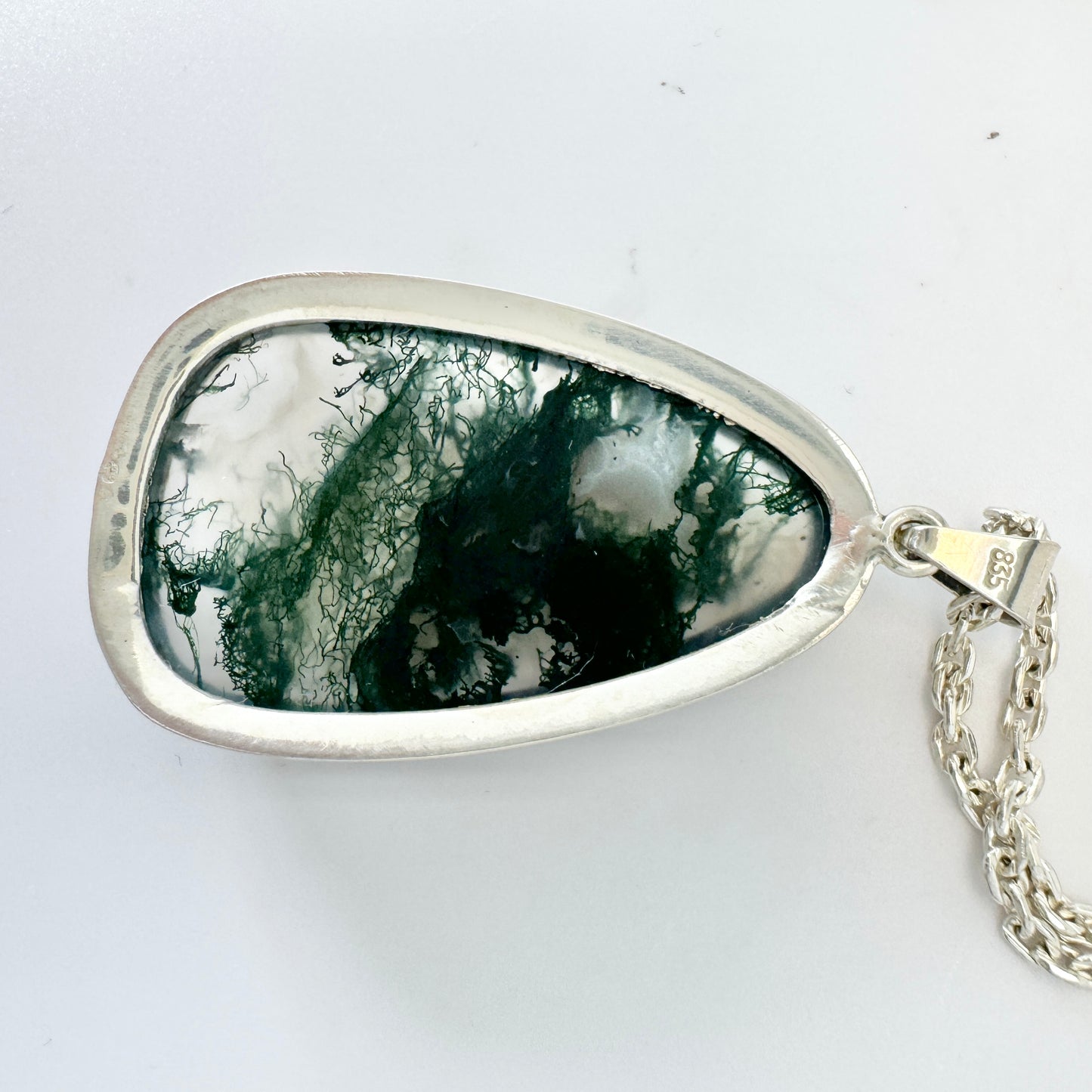 Germany c 1960s. Vintage Solid Silver Moss Agate Pendant Necklace.