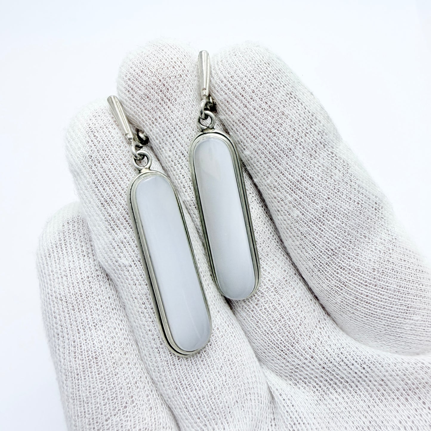 Vintage Sterling Silver Milky Quartz Dangle Earrings.