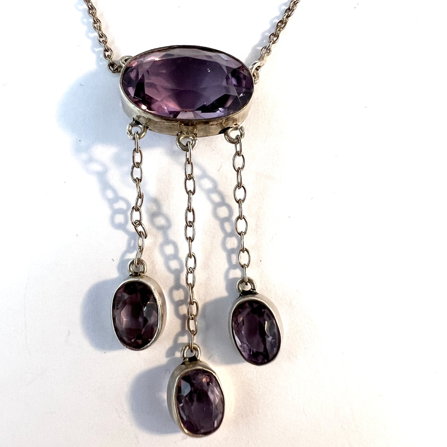 Hugo Grun, Denmark c 1920s. Antique Solid Silver Amethyst Negligee Necklace.