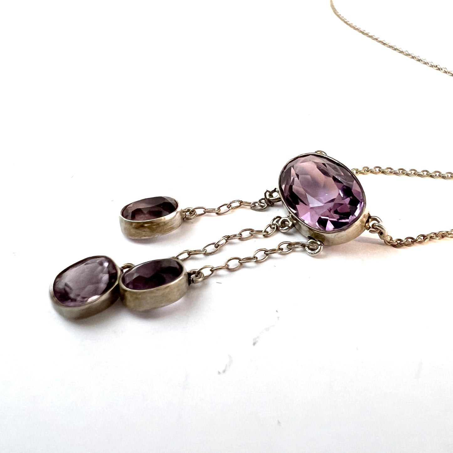 Hugo Grun, Denmark c 1920s. Antique Solid Silver Amethyst Negligee Necklace.