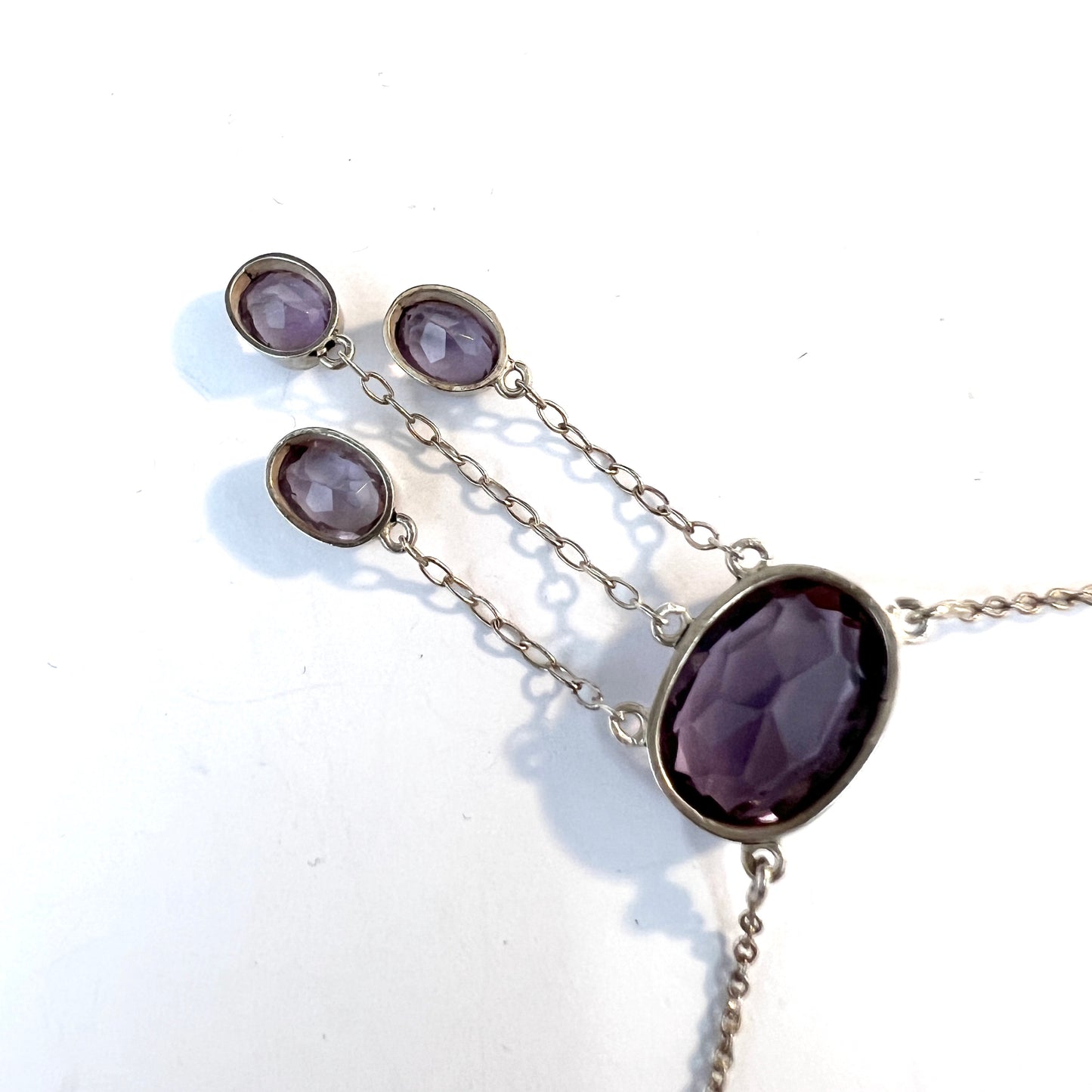 Hugo Grun, Denmark c 1920s. Antique Solid Silver Amethyst Negligee Necklace.