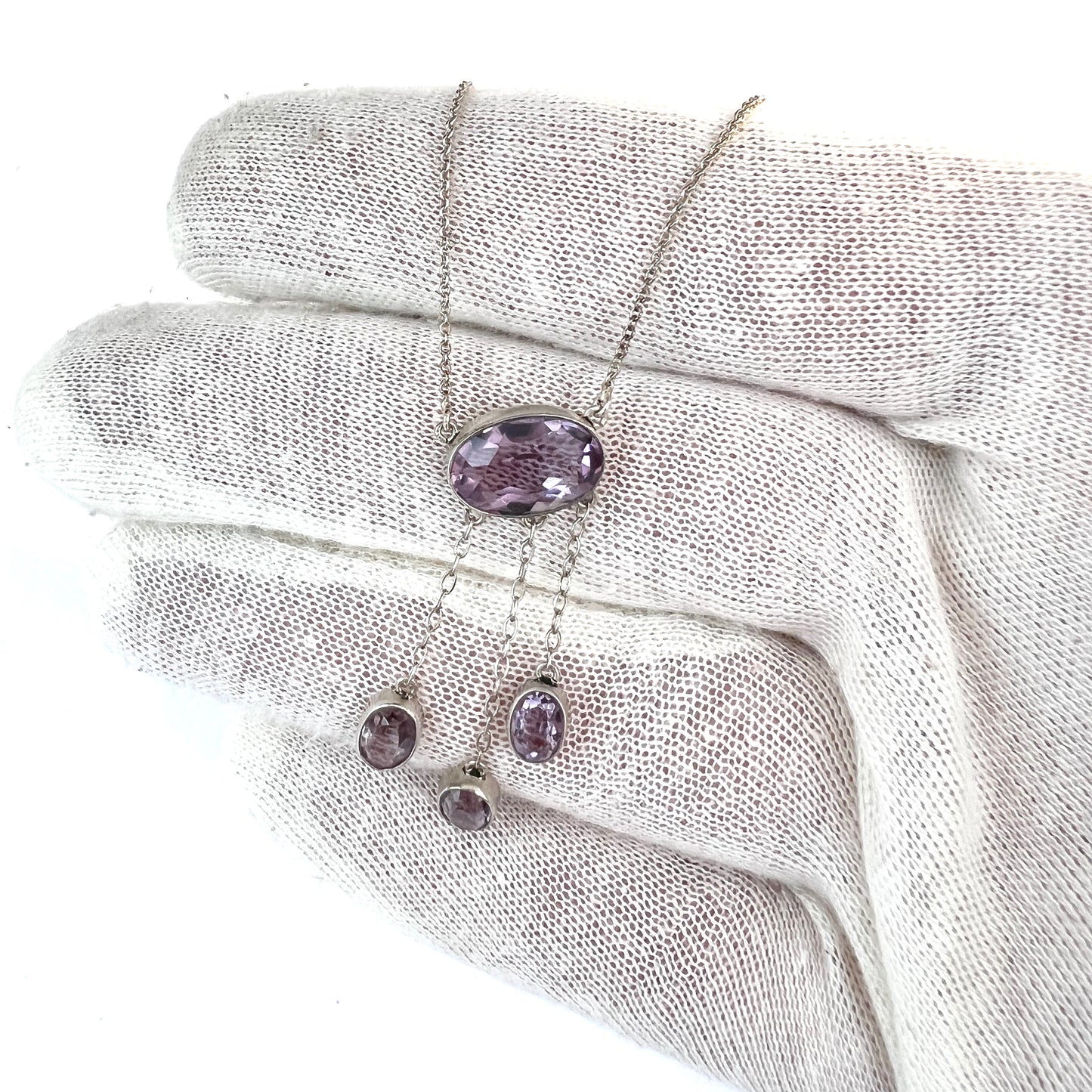 Hugo Grun, Denmark c 1920s. Antique Solid Silver Amethyst Negligee Necklace.