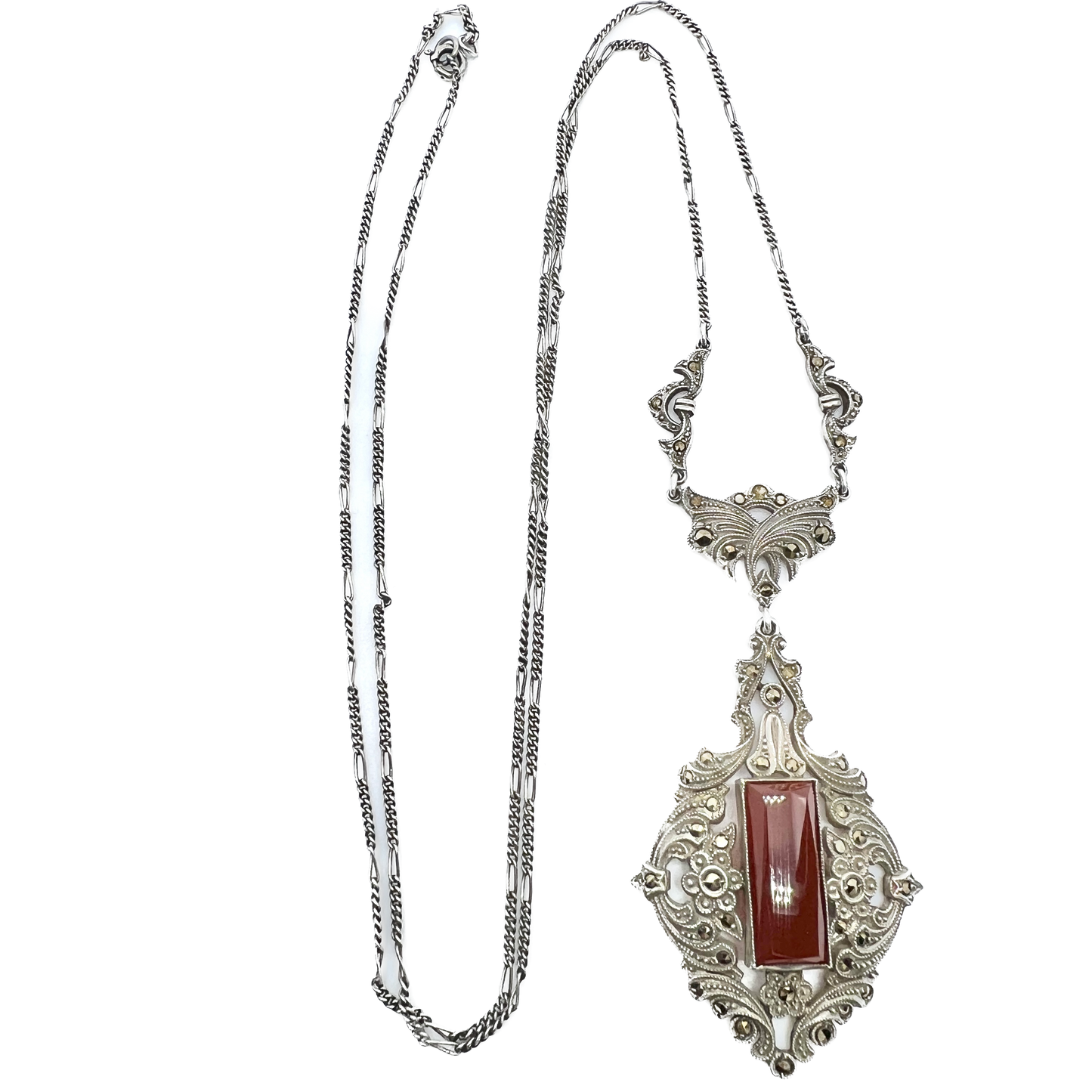 Austria / Germany Early 1900s. Sterling 935 Silver Carnelian Marcasite Necklace.