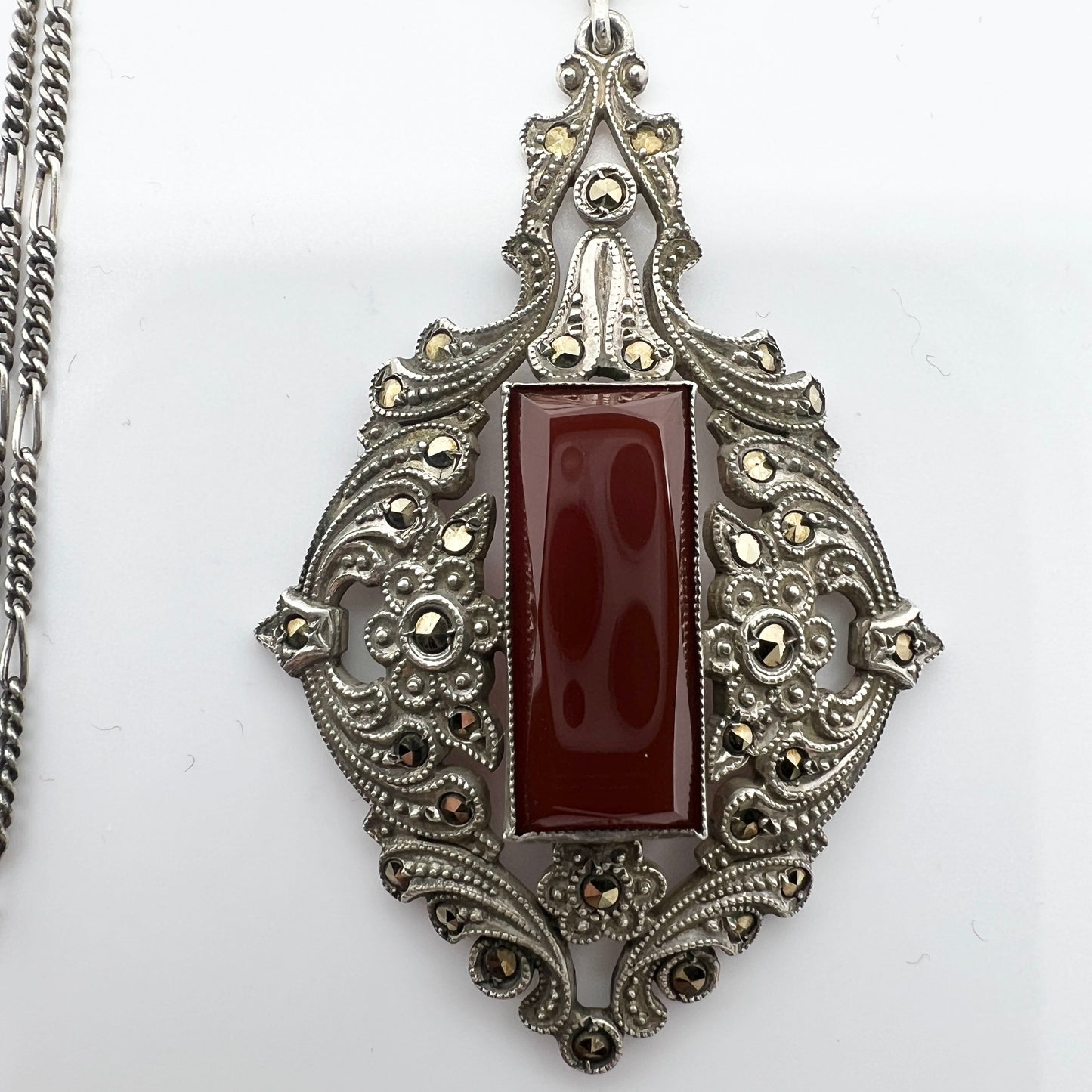 Austria / Germany Early 1900s. Sterling 935 Silver Carnelian Marcasite Necklace.
