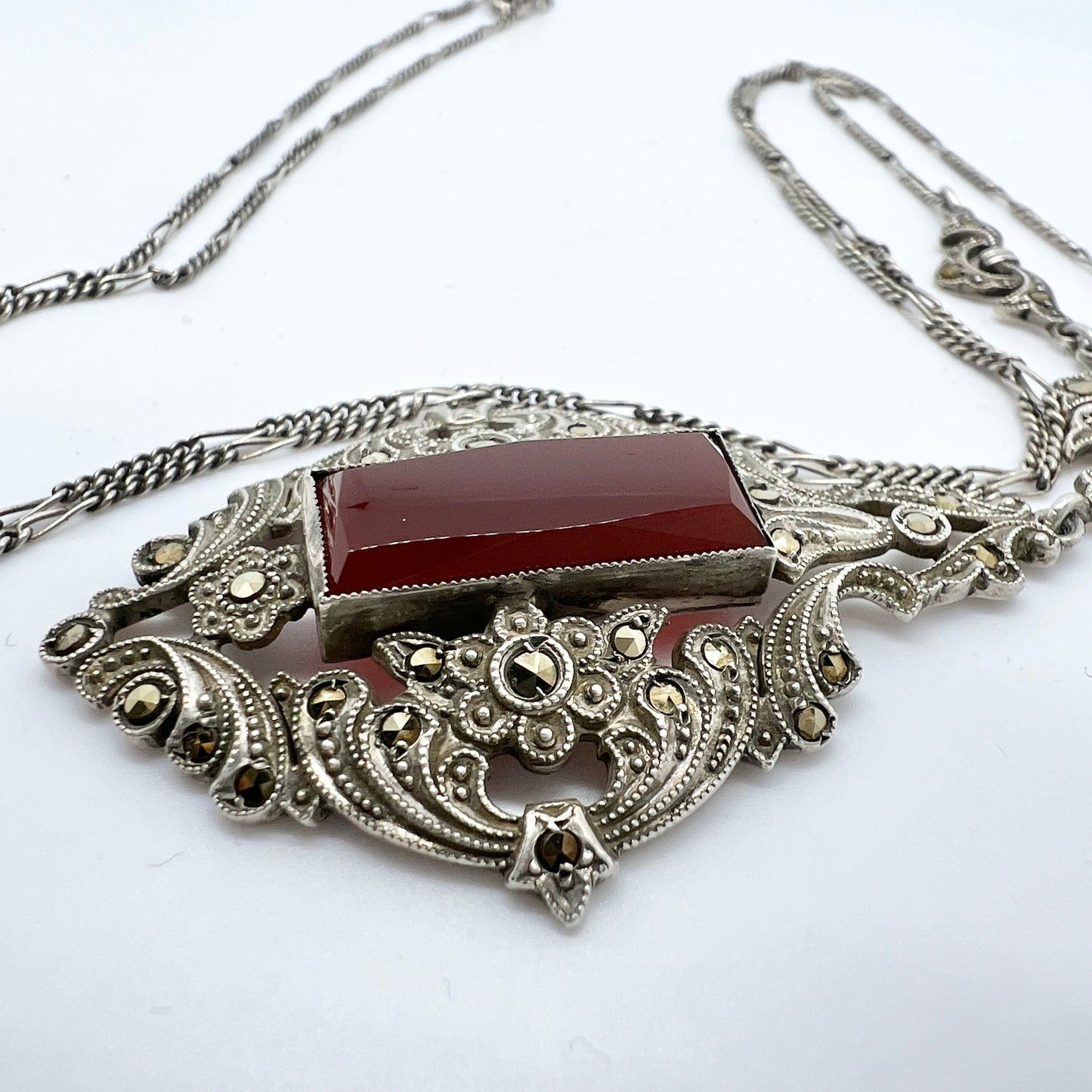 Austria / Germany Early 1900s. Sterling 935 Silver Carnelian Marcasite Necklace.