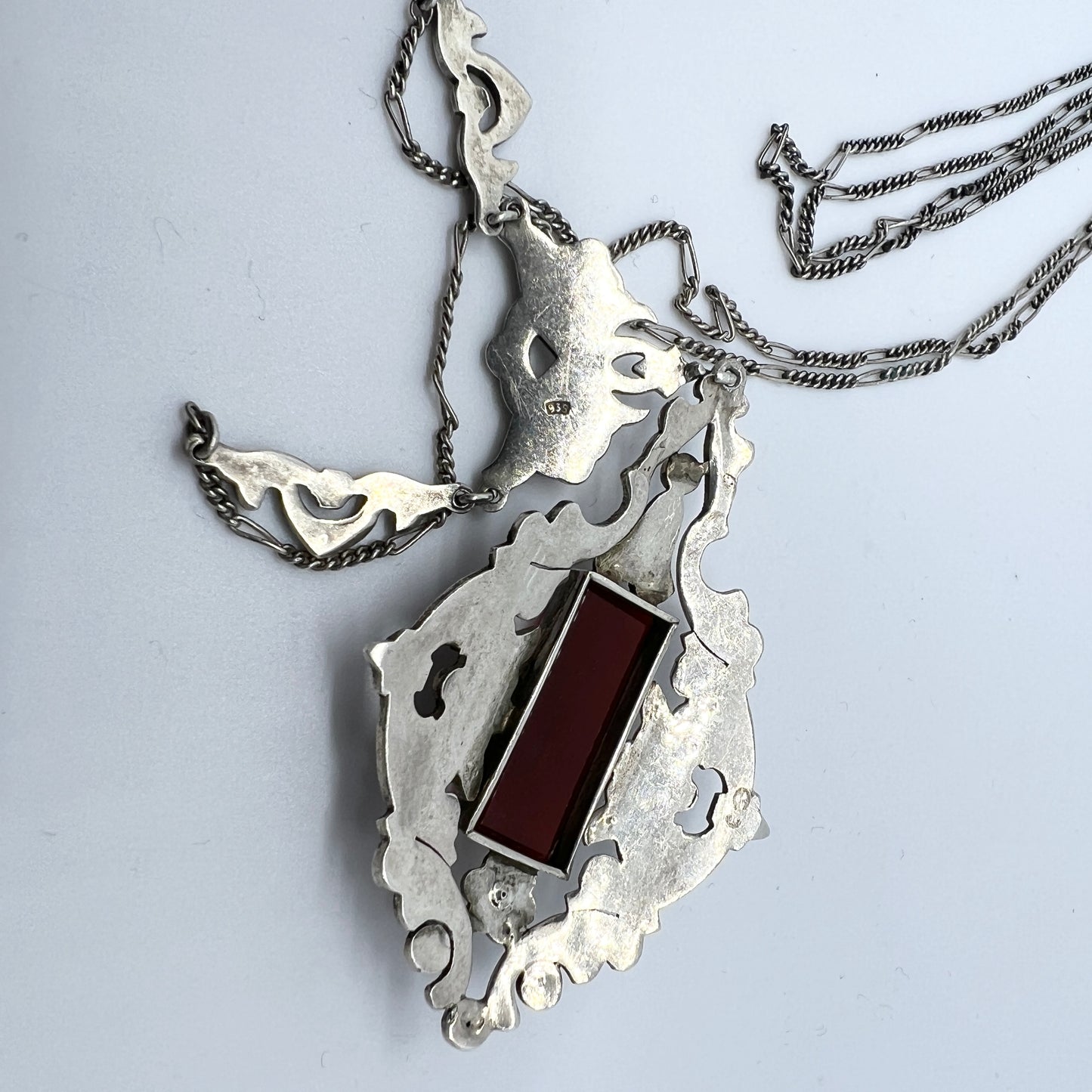 Austria / Germany Early 1900s. Sterling 935 Silver Carnelian Marcasite Necklace.