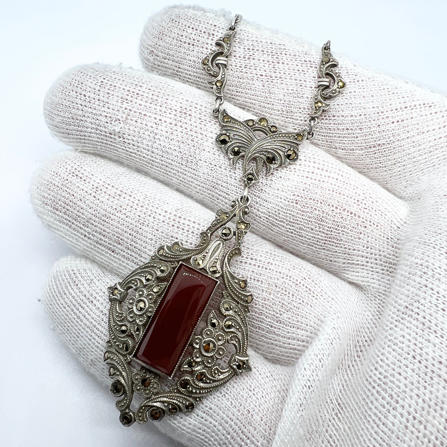 Austria / Germany Early 1900s. Sterling 935 Silver Carnelian Marcasite Necklace.