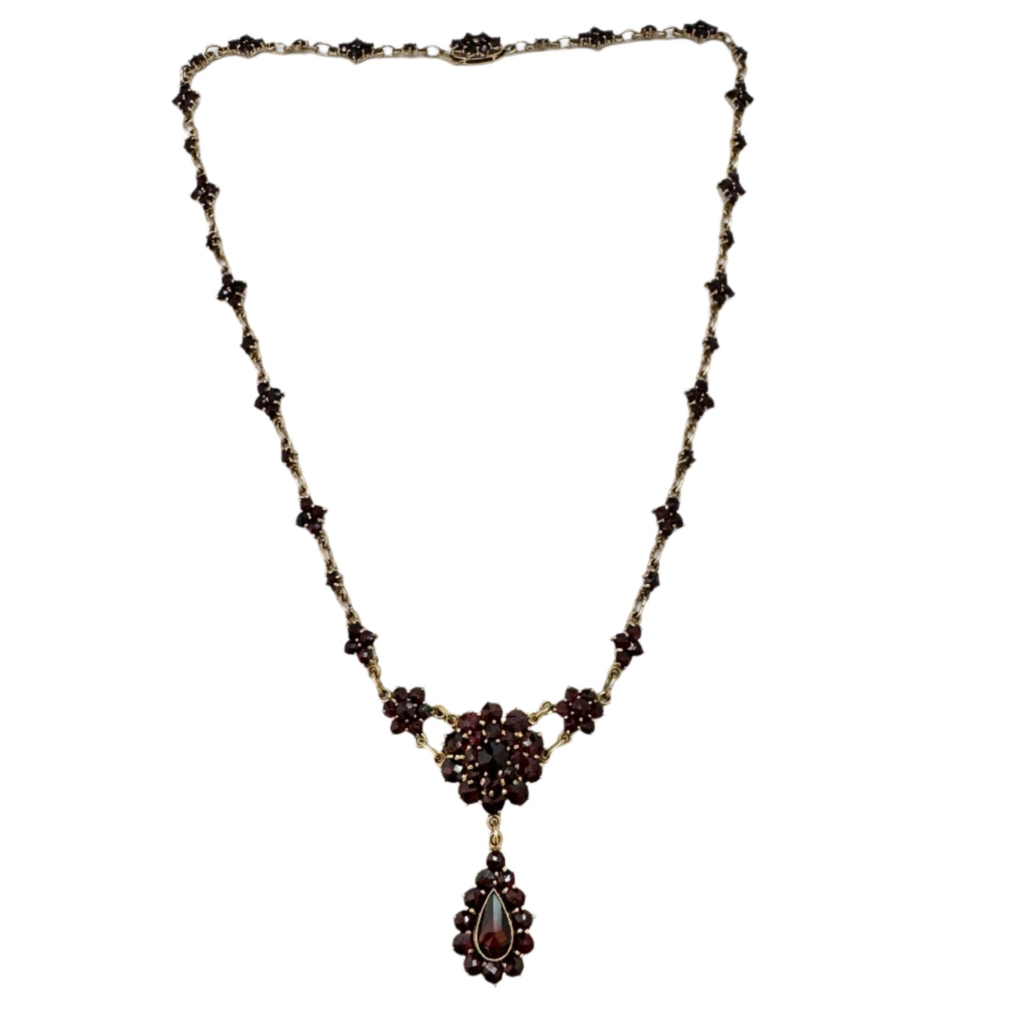 Vintage Bohemian Garnet Cluster Gilt Metal Necklace.