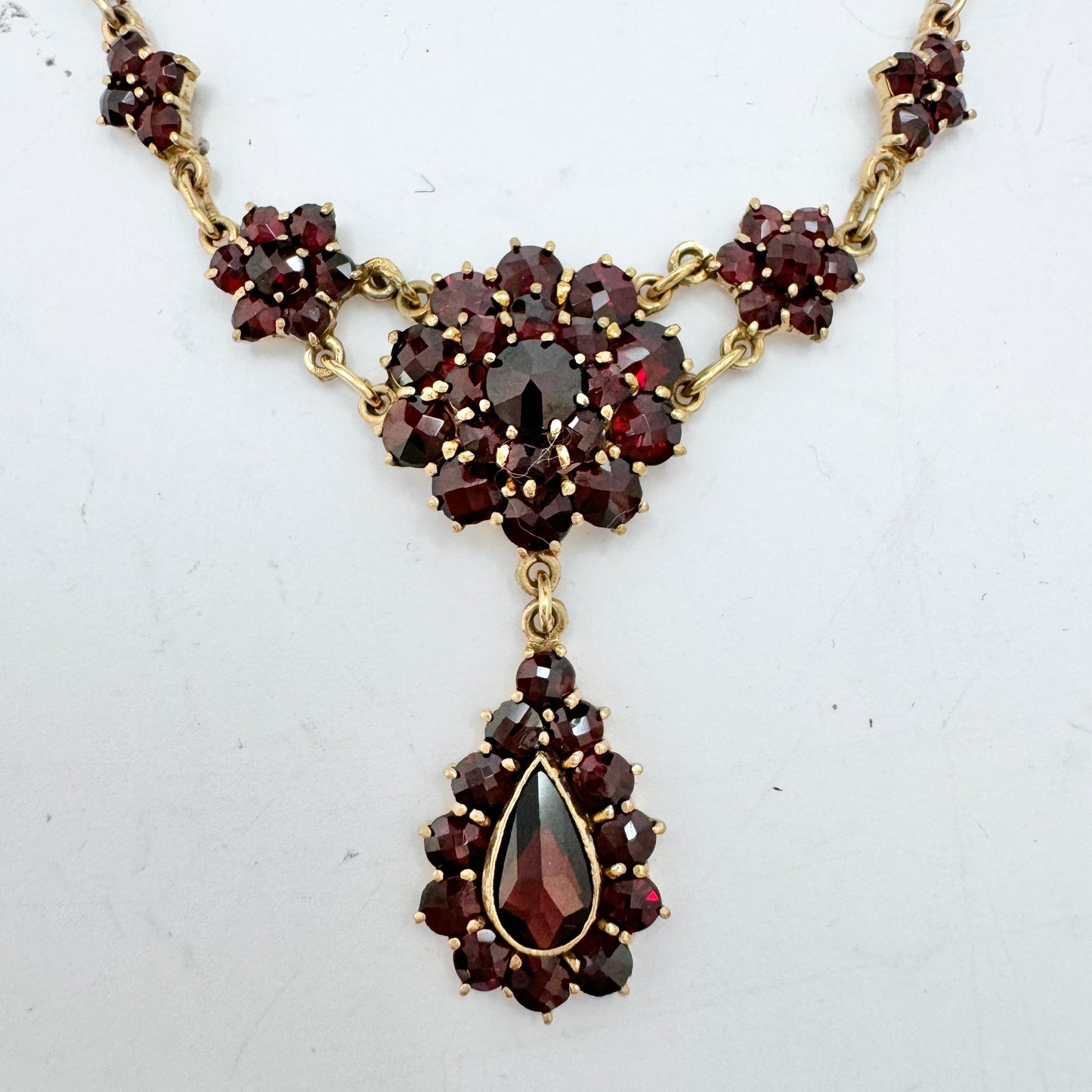 Vintage Bohemian Garnet Cluster Gilt Metal Necklace.