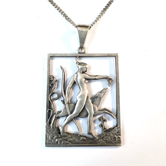 Tore Strindberg for Sporrong, Sweden 1946 Solid Silver Goddess Diana Pendant Necklace. Signed.