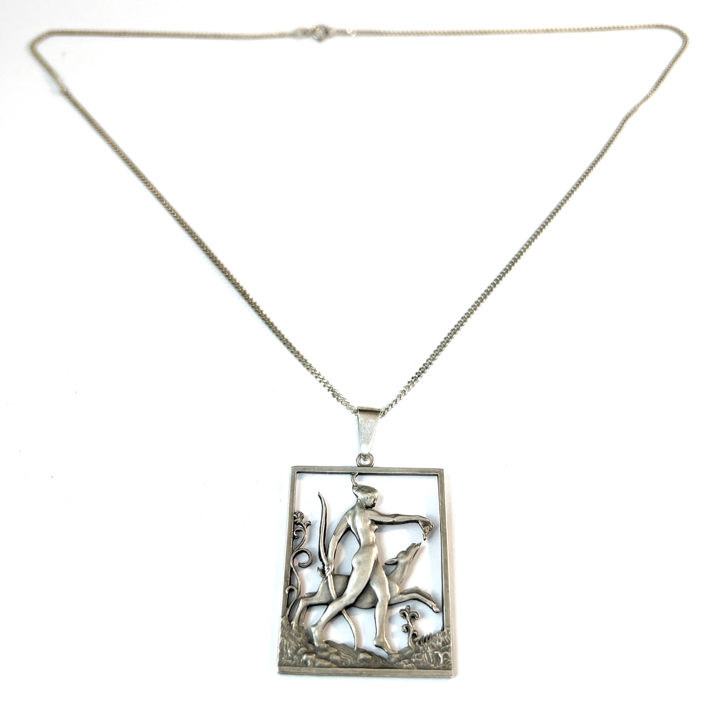 Tore Strindberg for Sporrong, Sweden 1946 Solid Silver Goddess Diana Pendant Necklace. Signed.