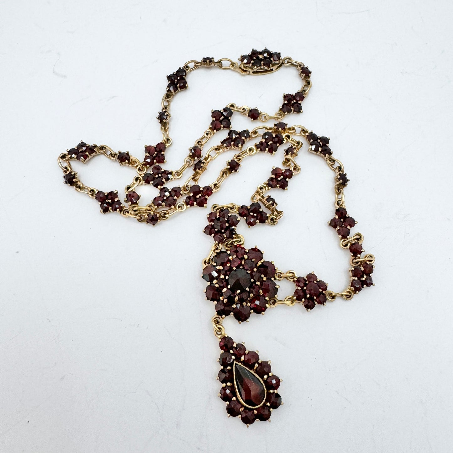 Vintage Bohemian Garnet Cluster Gilt Metal Necklace.