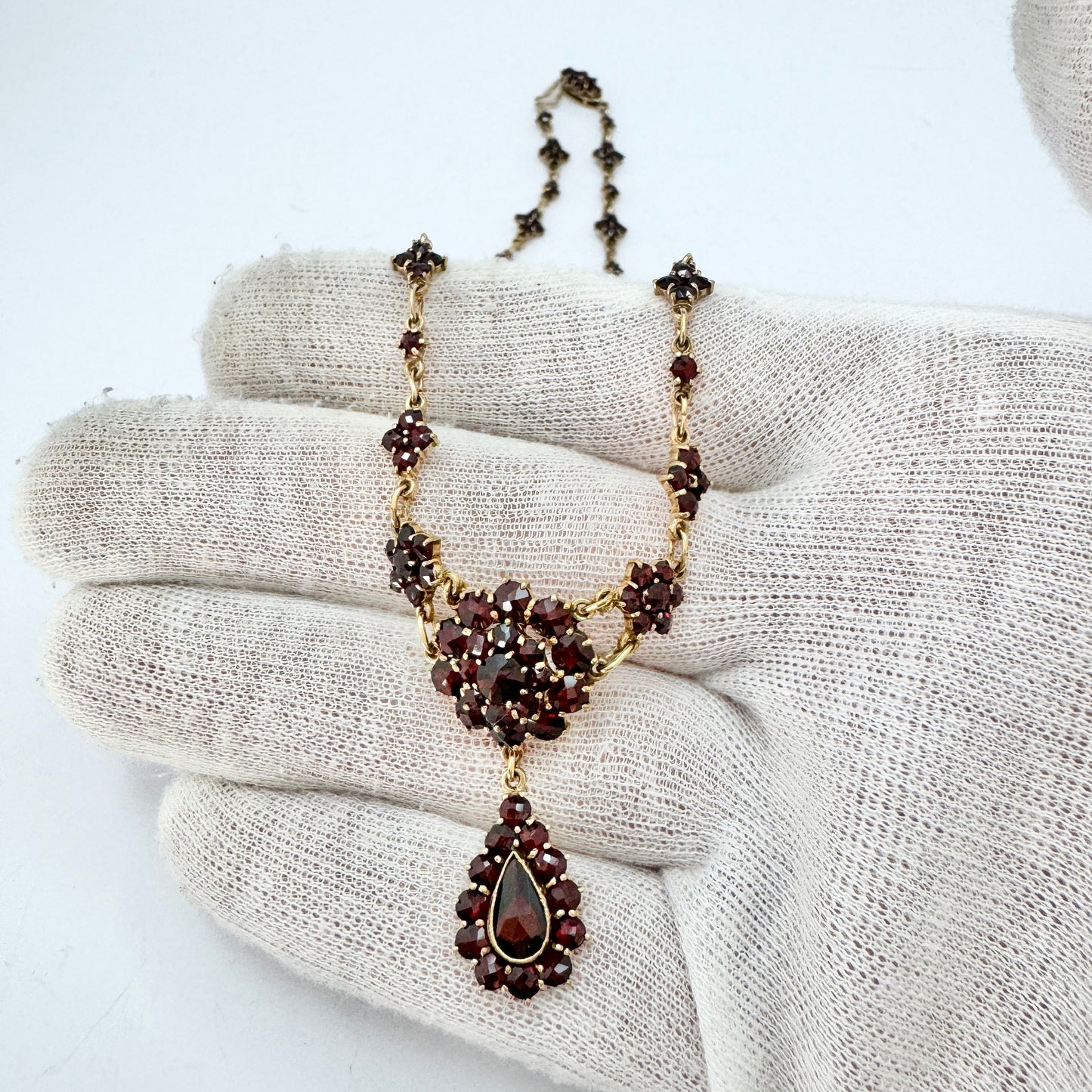 Vintage Bohemian Garnet Cluster Gilt Metal Necklace.