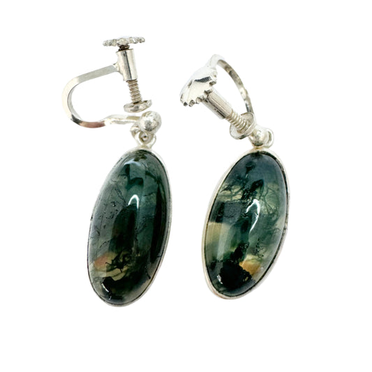 Victor Janson, Sweden year 1960. Vintage Sterling Silver Moss Agate Earrings.