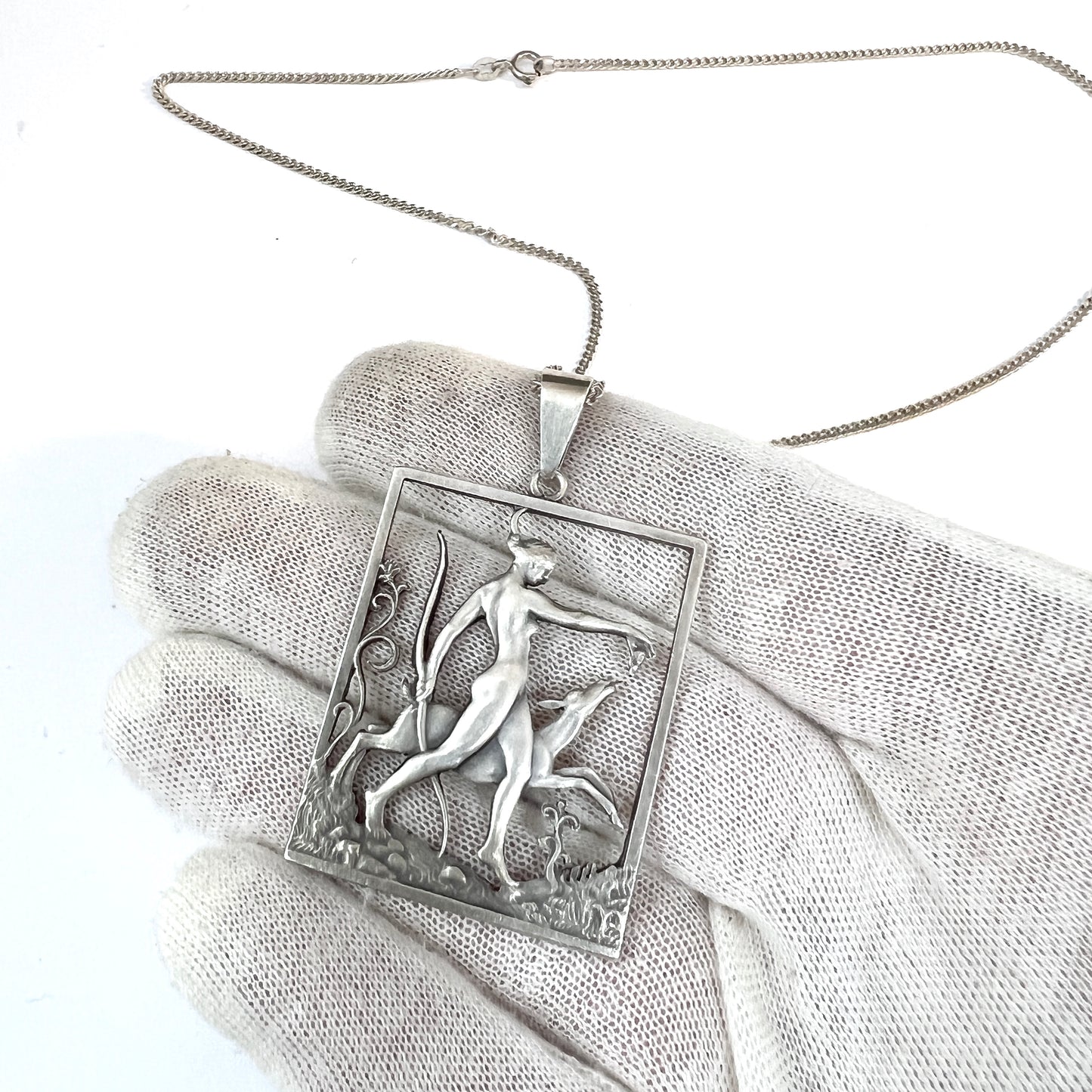 Tore Strindberg for Sporrong, Sweden 1946 Solid Silver Goddess Diana Pendant Necklace. Signed.