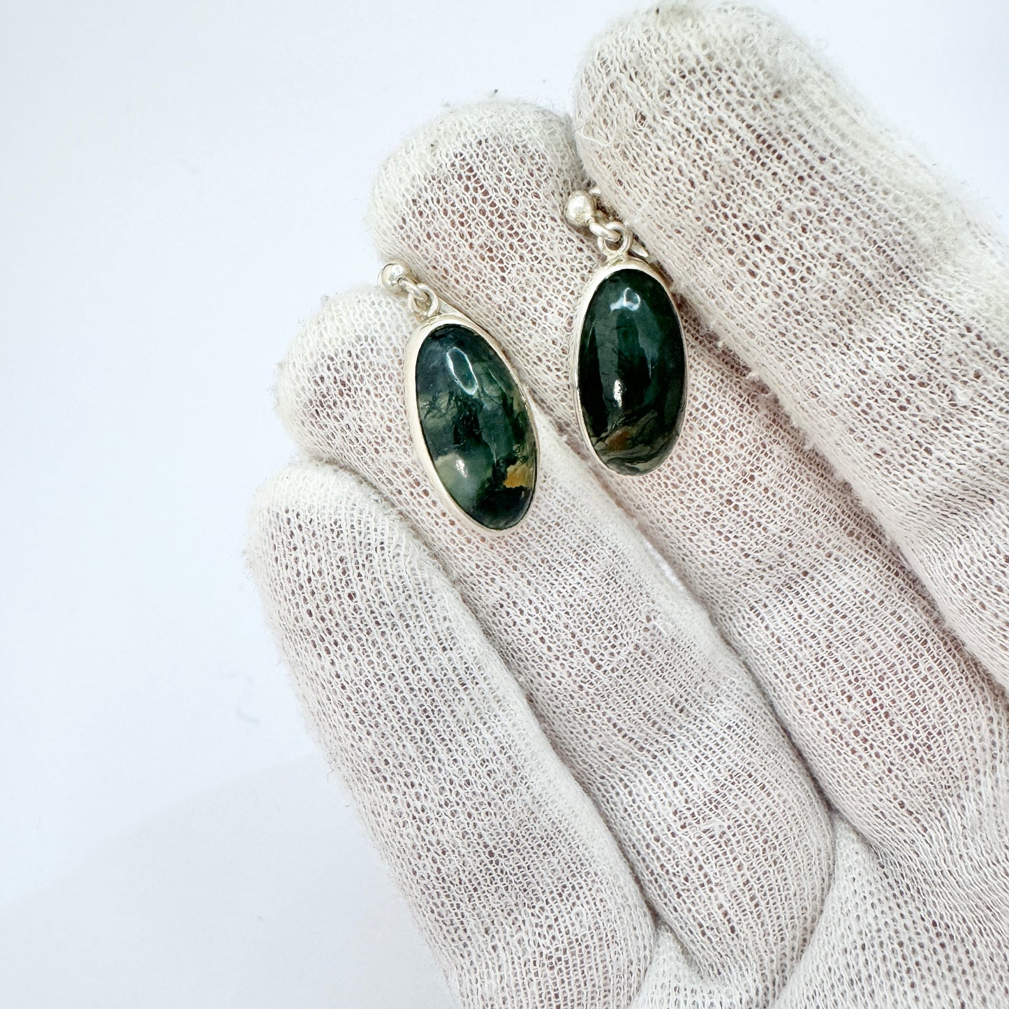 Victor Janson, Sweden year 1960. Vintage Sterling Silver Moss Agate Earrings.