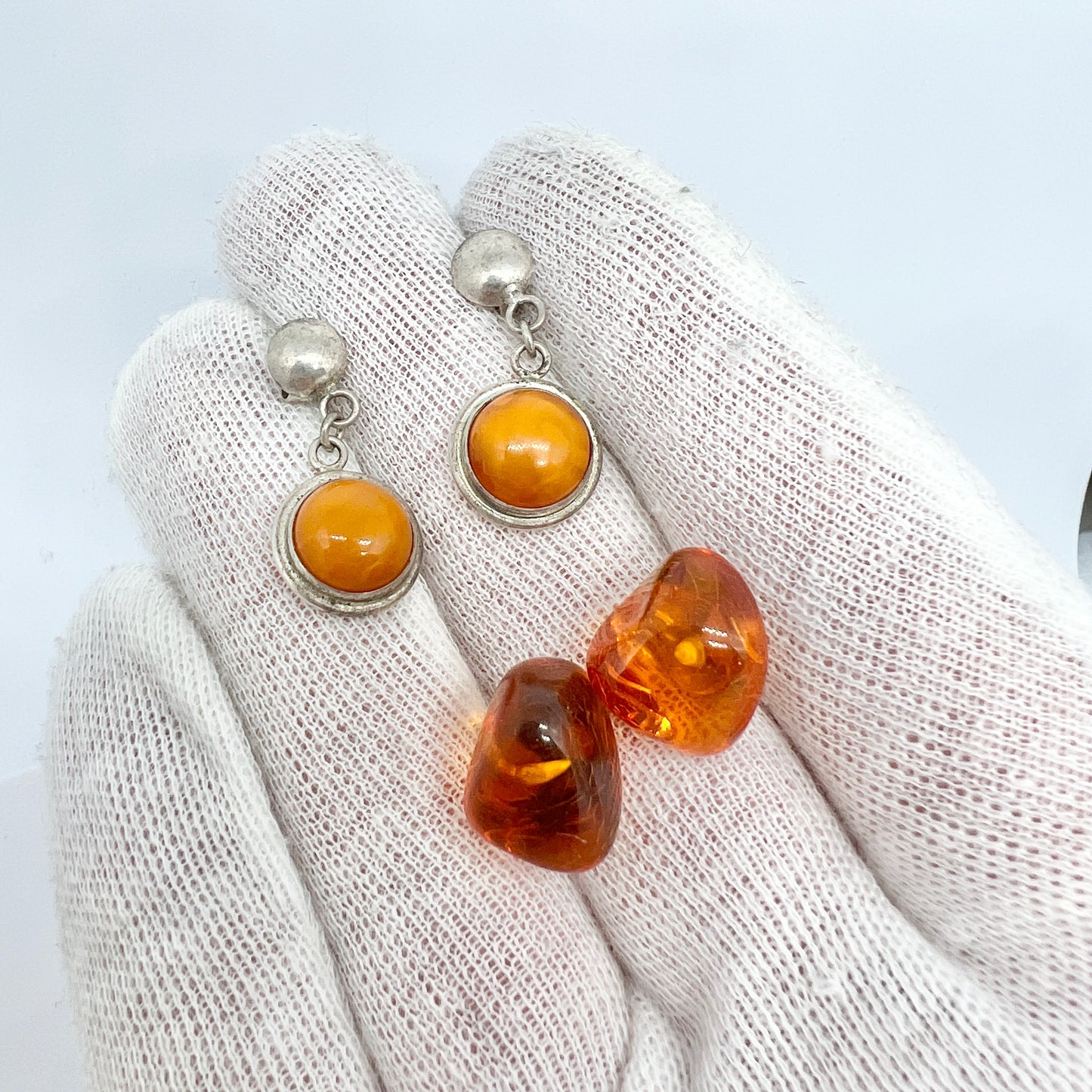 Poland. Vintage Solid Silver Baltic Amber Earrings.