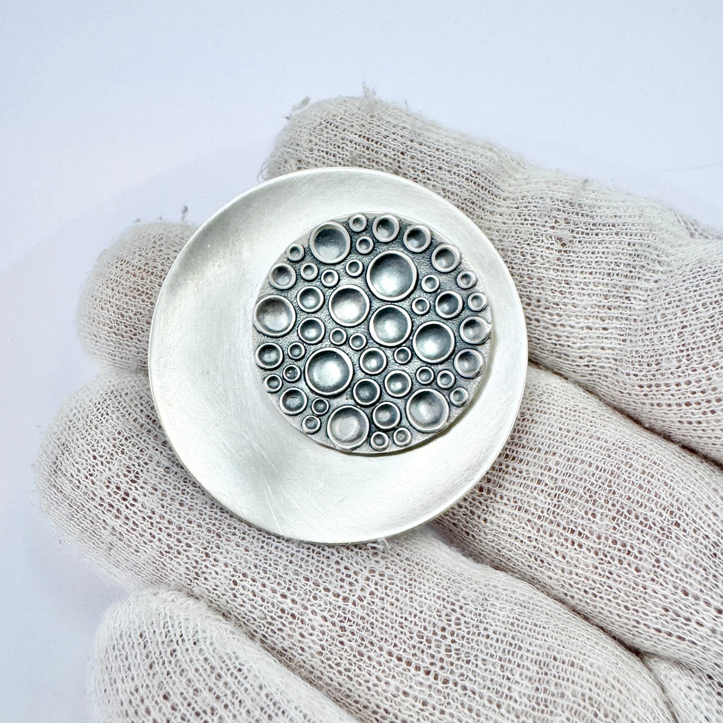 Salovaara, Finland 1965. Vintage Space Age Moon-surface Solid Silver Brooch.