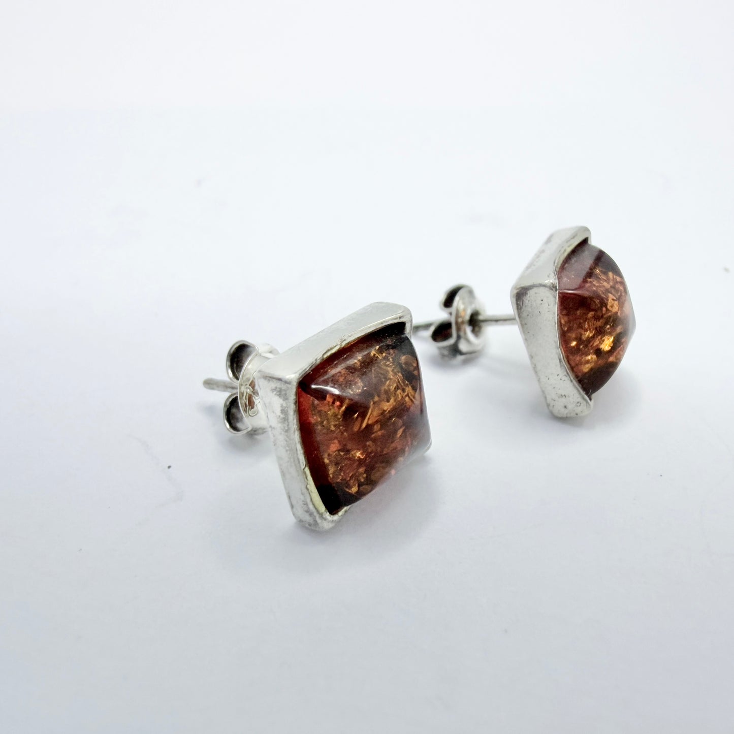 Vintage Sterling Silver Amber Stud Earrings.