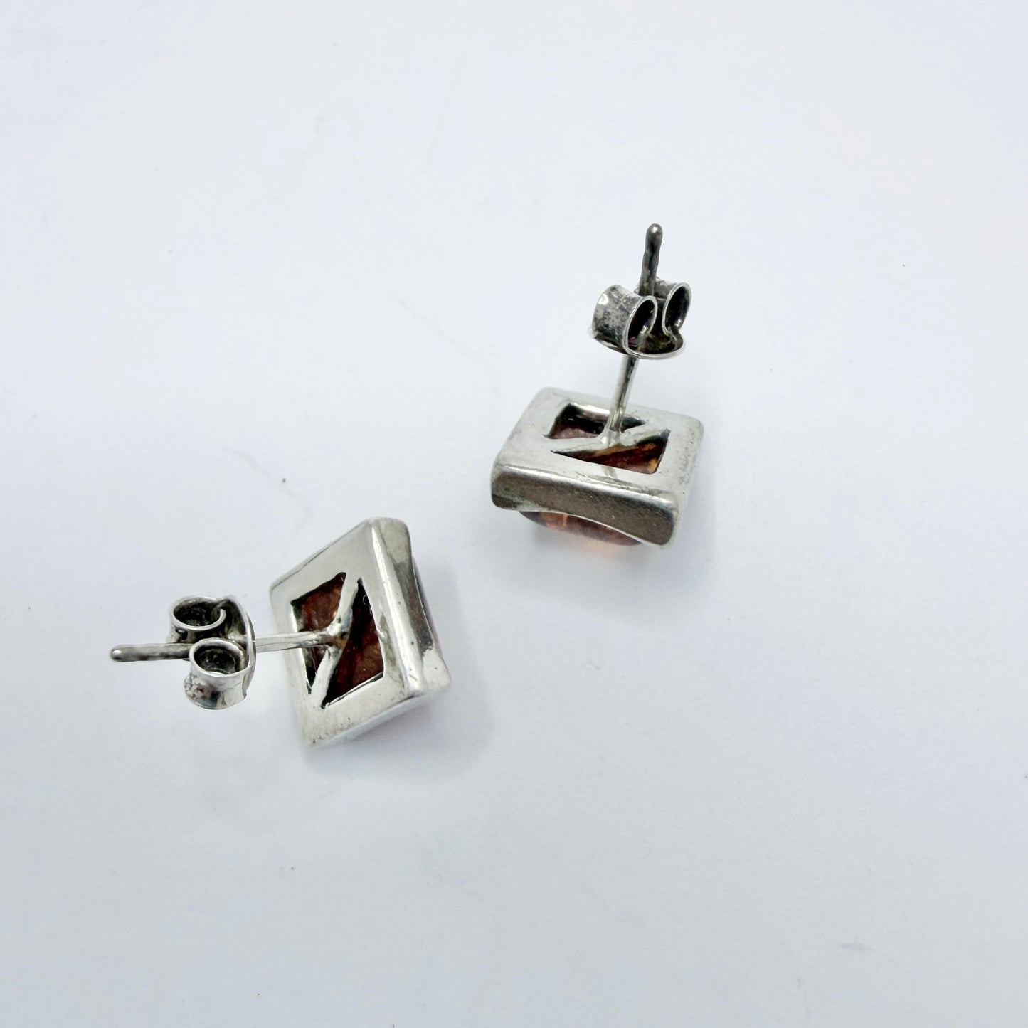 Vintage Sterling Silver Amber Stud Earrings.