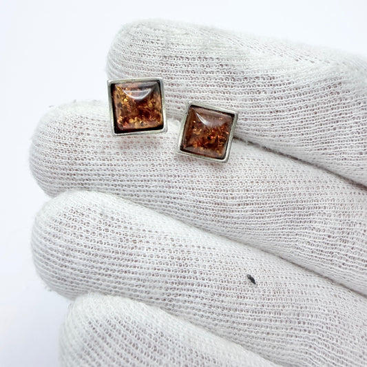 Vintage Sterling Silver Amber Stud Earrings.