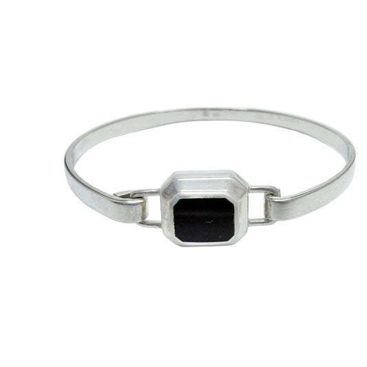 Vintage Sterling Silver Onyx Hinged Bangle Bracelet.
