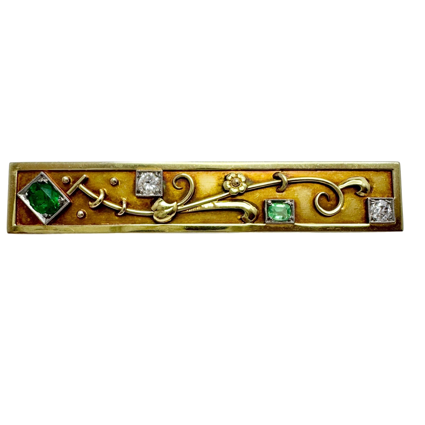 Vintage Art Deco 14k Gold Diamond Emerald Brooch Pin