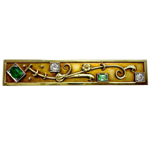 Vintage Art Deco 14k Gold Diamond Emerald Brooch Pin