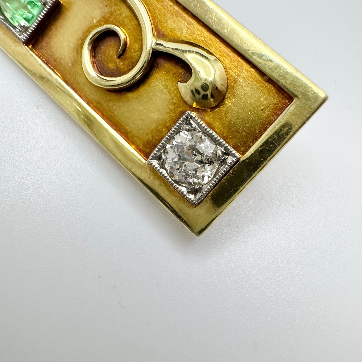 Vintage Art Deco 14k Gold Diamond Emerald Brooch Pin