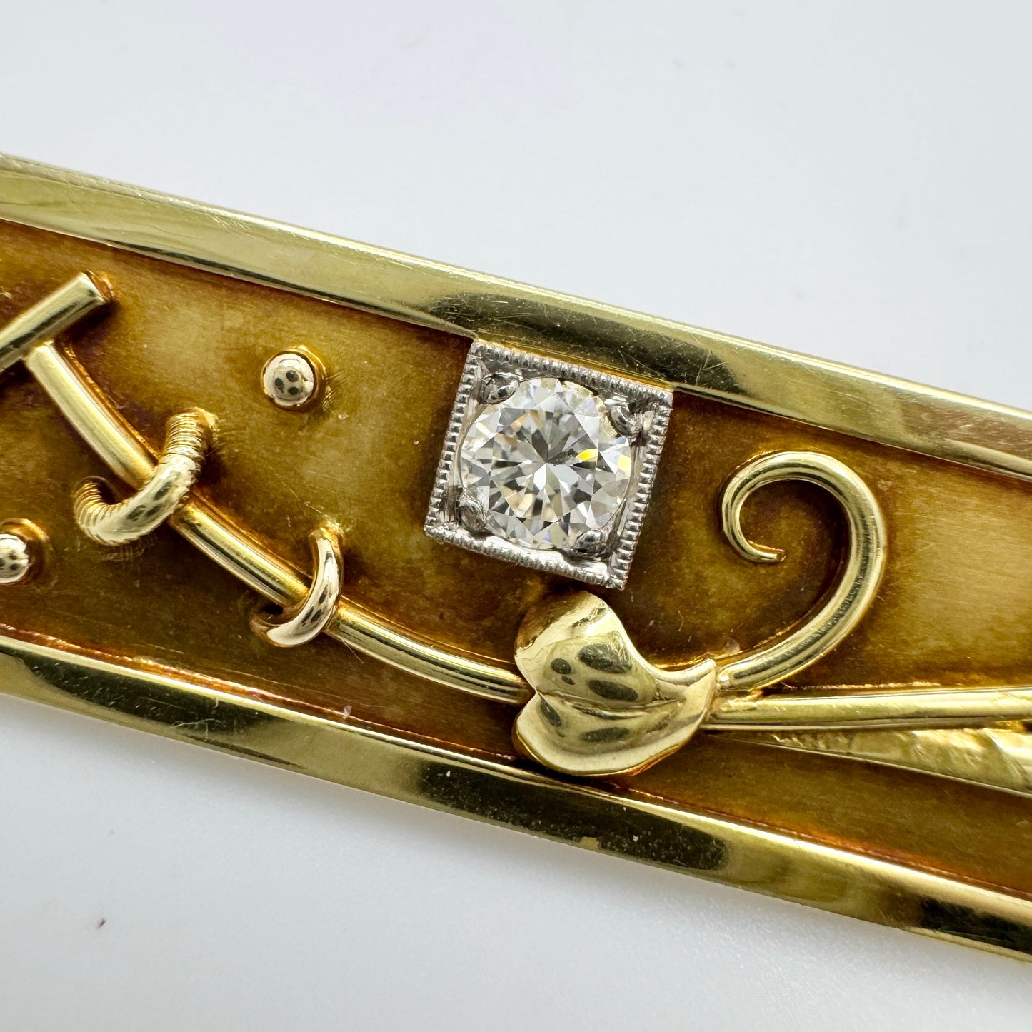 Vintage Art Deco 14k Gold Diamond Emerald Brooch Pin