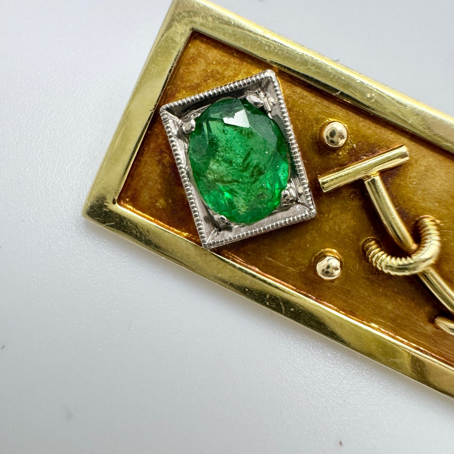 Vintage Art Deco 14k Gold Diamond Emerald Brooch Pin