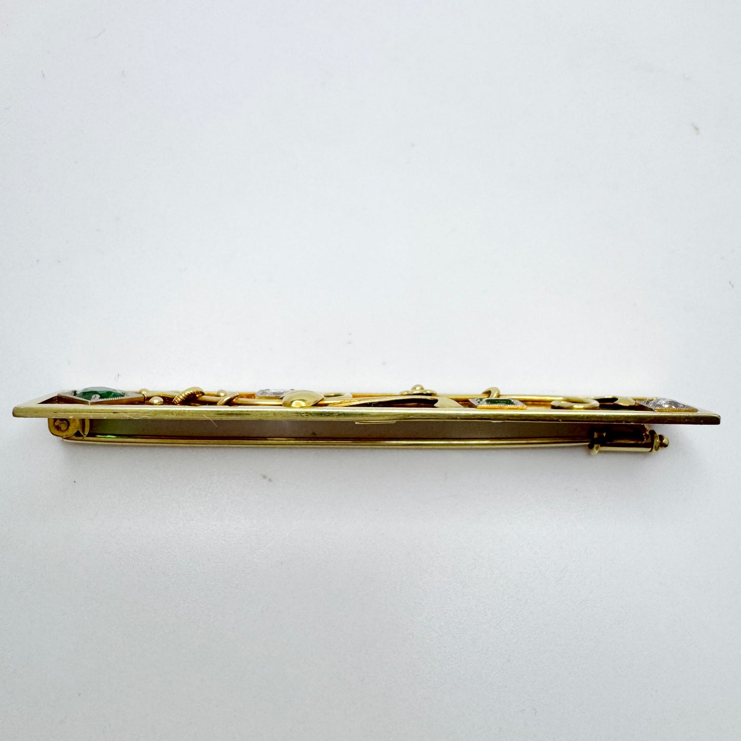 Vintage Art Deco 14k Gold Diamond Emerald Brooch Pin