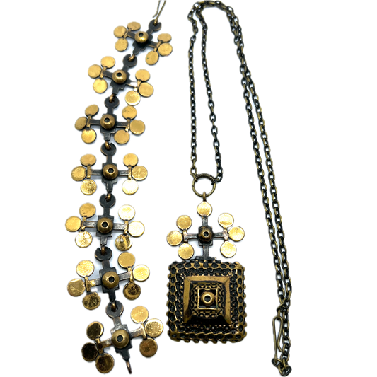 Pentti Sarpaneva Finland 1960-70s, Vintage Bronze Large Pendant Necklace and Bracelet.
