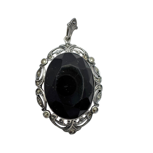 Vintage ca 1940s. Solid Silver Onyx Marcasite Pendant.