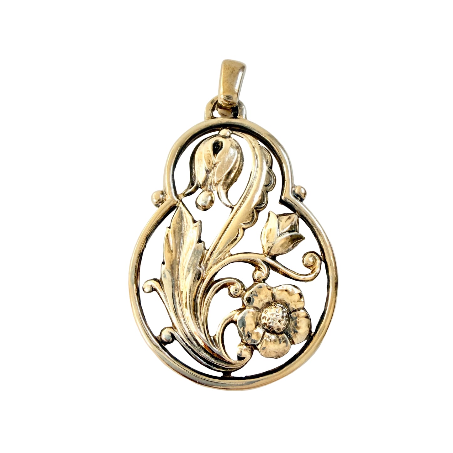 G Dahlgren, Sweden c 1950. Vintage Floral Gilt Solid SIlver Pendant.