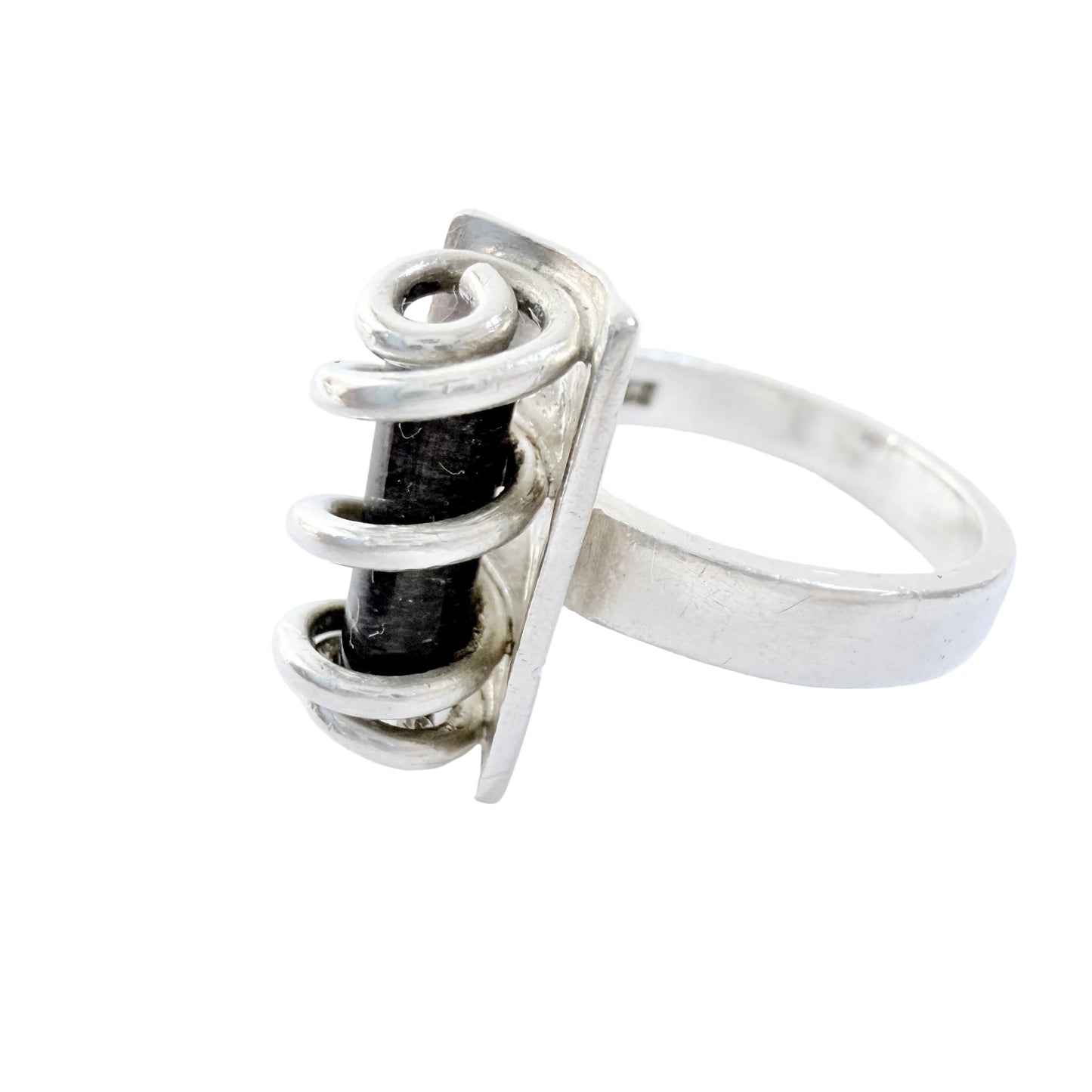 Ibsen & Weeke, Denmark 1960s. Sterling Silver Caged Dark Blue Hardstone Ring.