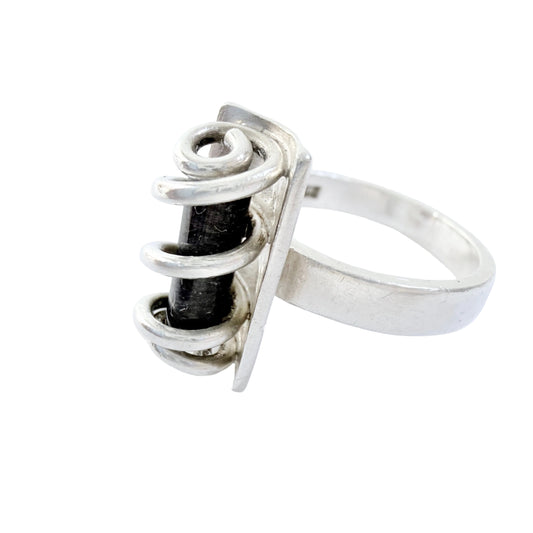 Ibsen & Weeke, Denmark 1960s. Sterling Silver Caged Dark Blue Hardstone Ring.