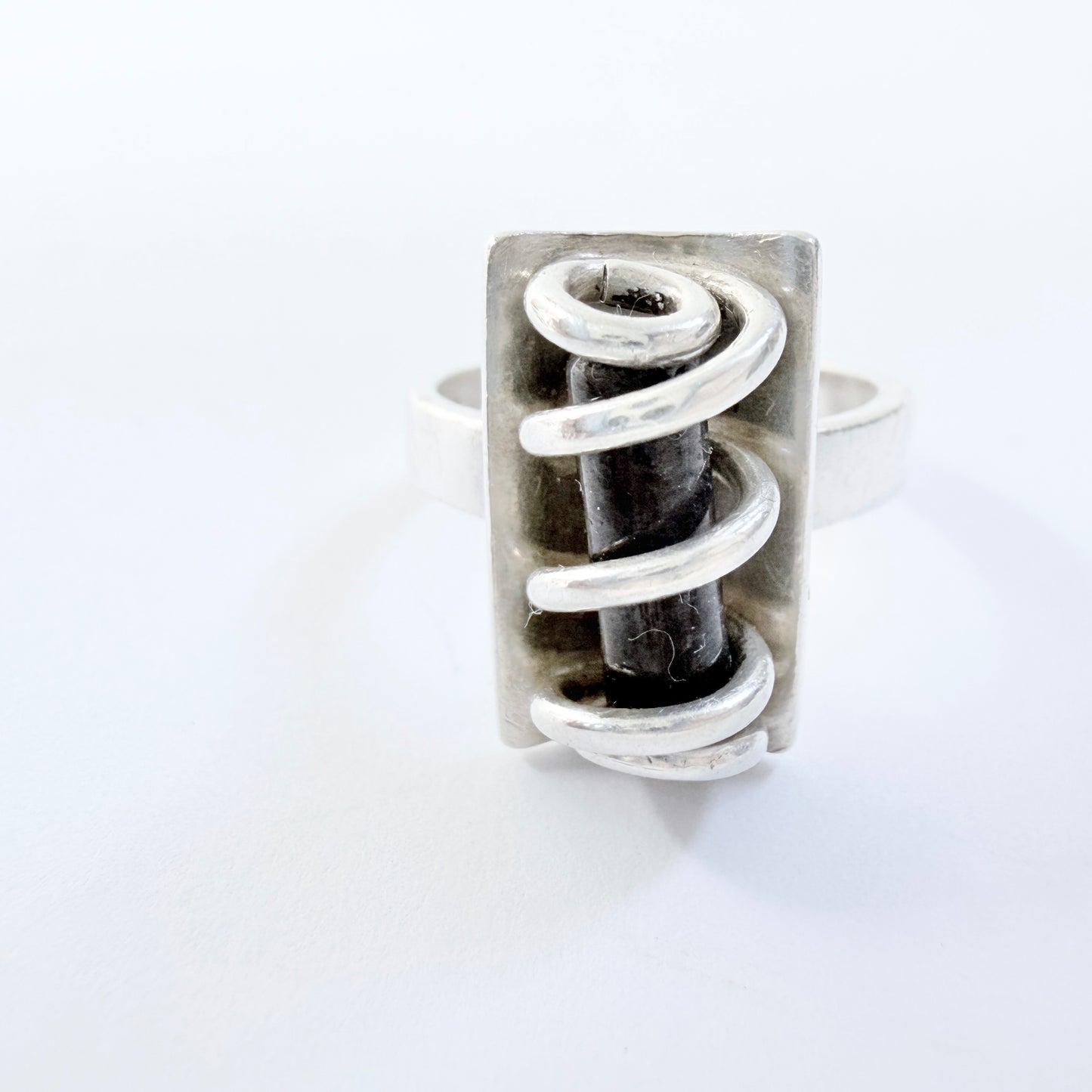 Ibsen & Weeke, Denmark 1960s. Sterling Silver Caged Dark Blue Hardstone Ring.