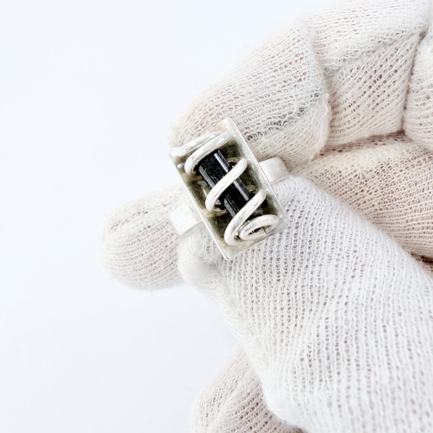 Ibsen & Weeke, Denmark 1960s. Sterling Silver Caged Dark Blue Hardstone Ring.