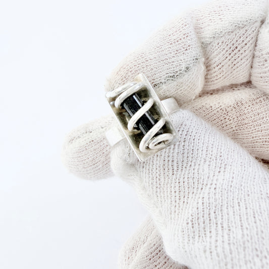 Ibsen & Weeke, Denmark 1960s. Sterling Silver Caged Dark Blue Hardstone Ring.