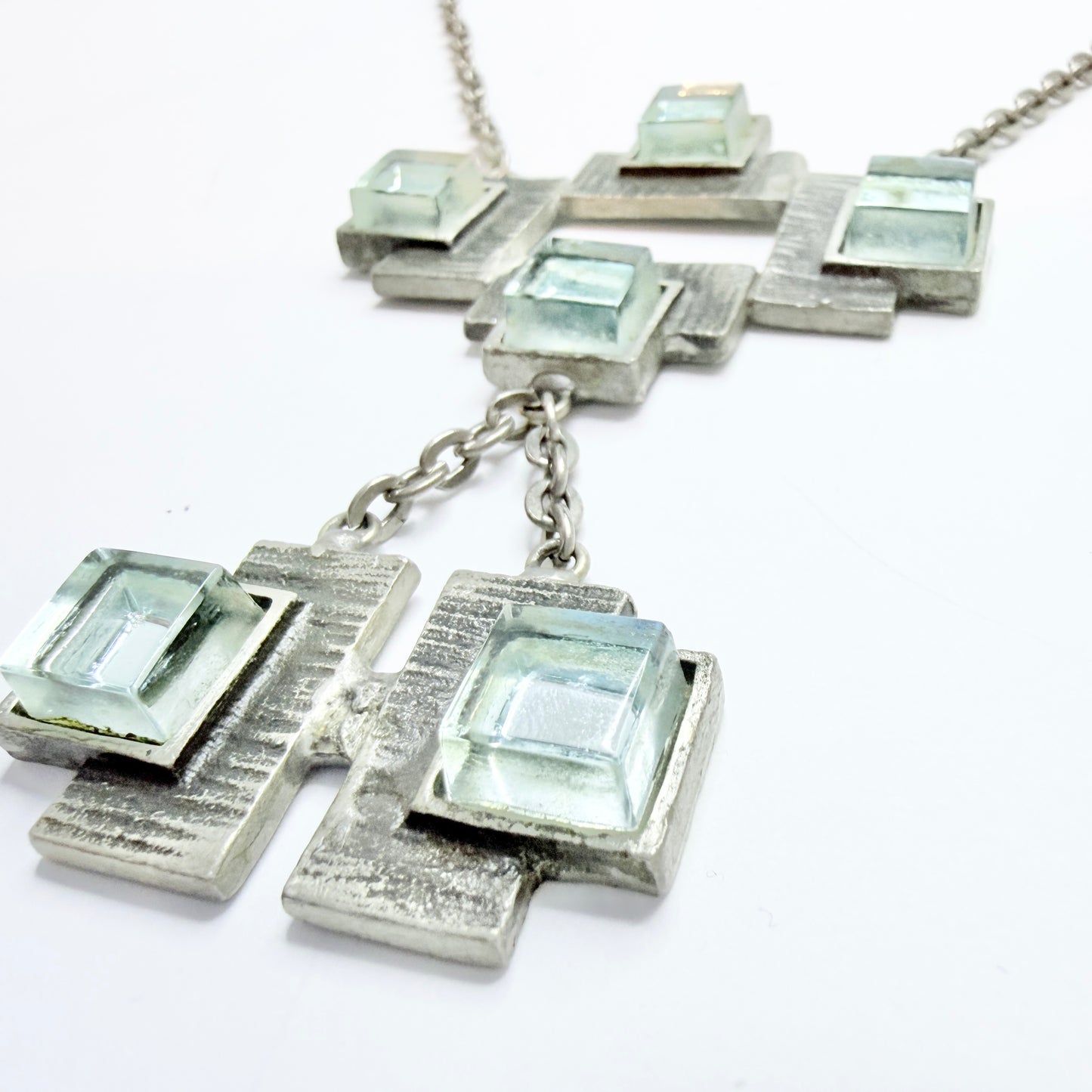 Sweden 1970s. Bold Vintage Brutalist Pewter Blue Resin Pendant Necklace.
